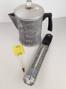 lot 135 image: Vintage Kitchen Utensils with Percolator and Thermometers