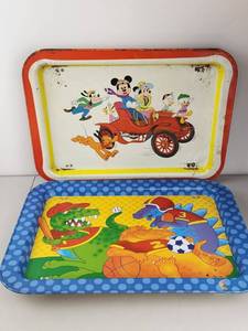 lot 155 image: Vintage Disney Mickey Mouse & Dinosaur Metal Serving Tray Lot