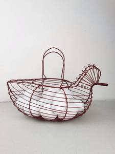 lot 170 image: Vintage Red Wire Chicken Egg Basket with Faux Eggs