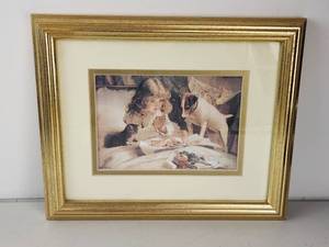 lot 199 image: Framed Girl Praying with Dog & Cat Print