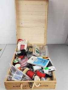 lot 220 image: Vintage Sewing Notions Collection in Burati Wooden Wine Box