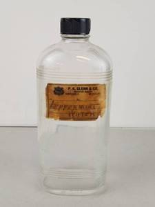 lot 32 image: P.K. Glenn & Co. Prescription Drugist Peppermint Water Bottle Harrisonville Missouri