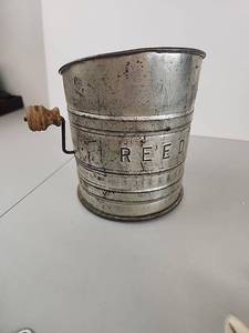 lot 303 image: Reed Flour Sifter with Wooden Handle and Metal Mesh Screen