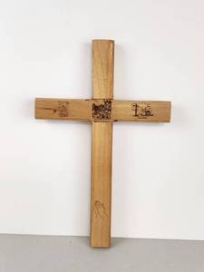 lot 305 image: Wood Wall Cross with Pyrographic Religious Scenes and Text