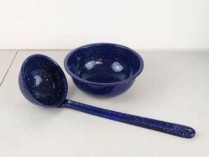 lot 314 image: 2-Piece Blue Speckled Enamelware Bowl and Ladle