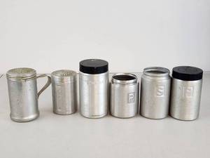 lot 323 image: 6 Piece Aluminum Condiment Shaker Set with Black Lids