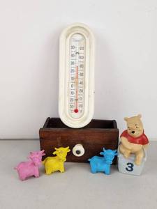 lot 342 image: Springfield Thermometer, Small Wooden Drawer, Cow Pencil Erasers & Winnie the Pooh Figurine