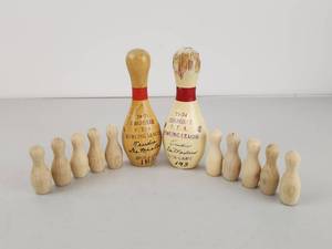 lot 344 image: Miniature Wooden Bowling League Pins Set