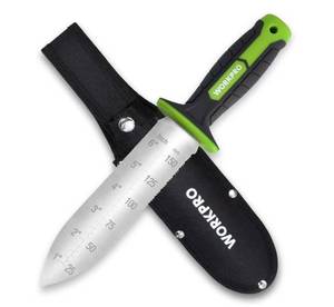 lot 38960 image: WORKPRO Hori Hori Garden Knife, Garden Tools with Oxford Sheath, 7 Stainless Steel Blade with Cutting Edge - Retail $20