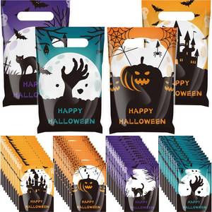 lot 38969 image: 100 Pcs Halloween Plastic Gift Bags, Goodie Treat Bags with Handles - Retail $10