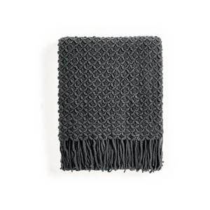 lot 38983 image: Farmhouse Boho Knitted Throw Blanket for Couch Sofa Chair Bed Home Decoration, Soft Warm Cozy Light Weight for Spring Summer Fall (50X60 Dark Grey) - Retail $20