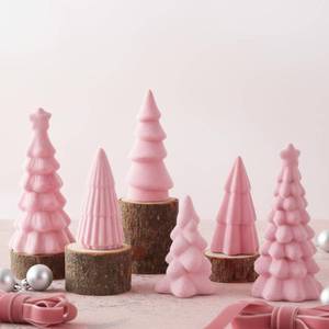 lot 38993 image: 6 Pcs Christmas Ceramic Velvet Trees, 3 Sizes Table Decor. ONE MISSING. - Retail $25
