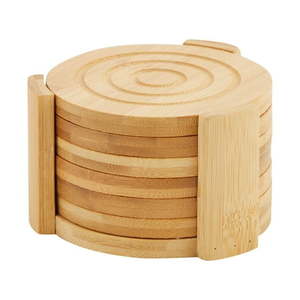 lot 38995 image: Coasters Set of 6-4.3-Inch Round Light Brown Bamboo Wood with Holder - Wooden Drink Coasters for Coffee Table Decor & Home Decor - Retail $14