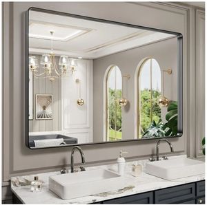 60X40 Inch Black Metal Framed Bathroom MirrorMatte Black Bathroom Vanity Mirror, Rounded Rectangle, Anti-Rust, Tempered Glass, Hangs Horizontally or Vertically - Retail: $289