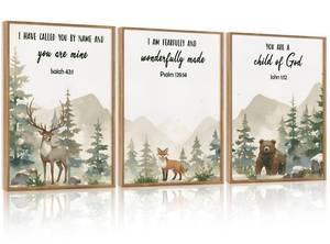 lot 25 image: HPNIUB Woodland Animal Christian Framed Wall Art Set,Bible Verse Quote Wall Decor,Nature Forest Religious Art Print,Misty Forest Deer Bear Fox Artwork for Nursery,Kids Bedroom,Study Room-16x24x3