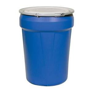 lot 33 image: Eagle Plastic Drum, 30 Gallon Drum, DOT Compliant, Made in USA, Blue - Retail $81