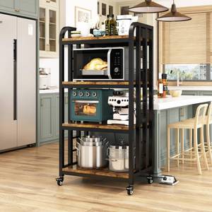 lot 58 image: 4-Tier Kitchen Bakers Rack with Power Outlet and Rolling Wheels, Microwave Stand with Storage, Adjustable Kitchen Shelves Freestadning, Coffee Bar Station, Bakers Rack for Spices, Pots and Pans, Brown - Retail $140