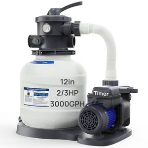 lot 63 image: AQUASTRONG Sand Filter Pump for Above Ground Pool with Timer, 23 HP Pool Pumps Above Ground 3000 GPH for Pools up to 11000GAL, 12in Pool Filter with 6-Way Valve, Improved Circulation and Filtration