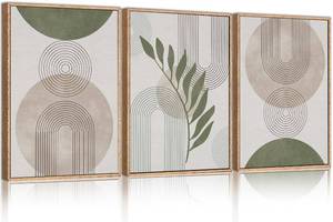lot 64 image: HPINUB Minimalist Sage Green Boho Framed Canvas Wall Art Set-24x36x3 - Retail $123