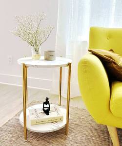 lot 87 image: Urraca Round End Table with Faux Marble Top, 2-Tier Gold Side Table - Retail $60