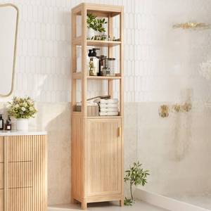 lot 102 image: INNOD 68 Tall Narrow Storage Cabinet with Adjustable Shelf and Door, Bathroom Storage Cabinet, Space Saver for Bathroom, Kitchen, Living Room, Natural Oak - Retail $90