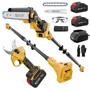 lot 994 image: BUYJOY 4-in-1 Electric Pruning Shears & 8 Inch Pole Saw Combo - Retail $136