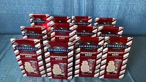 lot 2060 image: Ghirardelli Chocolate Snowmen Peppermint Bark 4oz Limited Edition, 12 Pack