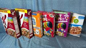 lot 2080 image: Cereal Lot 6 Boxes. 2 Boxes of Special K. Frosted Mini Wheats. Froot Loops. Froot Loops with Marshmallows. Life Original.