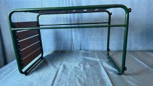 lot 2125 image: Green Metal Outdoor Accent Table With Wood Tone Slats