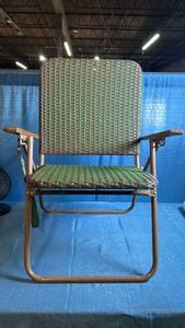 lot 8026 image: Folding Beach Chair in Green & Pink Woven Seat and Back with Shoulder Strap for Carrying