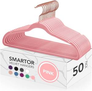 lot 30583 image: Smartor Pink Velvet Hangers 50 Pack, Non Slip Rose Gold Hook Felt Hangers