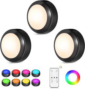 lot 30621 image: LED Puck Lights with Remote, 16-Color Lighting, Dimmer & Timer, 3-Pack