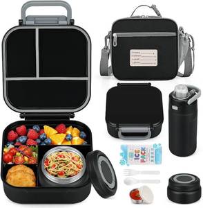 lot 30689 image: Itslife Kids Bento Set, Insulated Box, 7 oz Thermos, 12 oz Bottle, Black