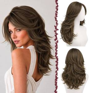 lot 30717 image: Brown Wigs for Women with Highlight Long Layered Wig with Curtain Bangs