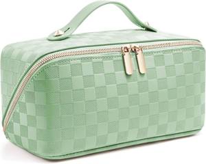 lot 30811 image: ALEXTINA Travel Makeup Bag, Vegan Leather, Large Capacity, Open Flat, Green