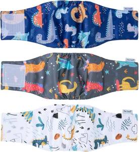 lot 30812 image: Pet Soft Dog Belly Band - 3-Pack Reusable Male Dog Diapers (Dino, XXL)