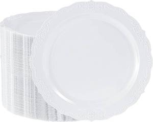 lot 30866 image: 100 Pcs White Plastic Plates - 10.25in Disposable Dinner Plates - Heavy Duty