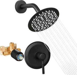 lot 30870 image: Black Shower Head and Faucet Set with Valve, 6-in Rain Shower Head, Trim Kit