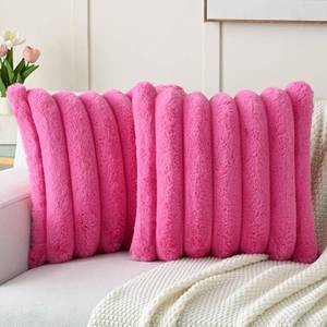 lot 30987 image: FUTEI Pack of 2 Faux Rabbit Fur Throw Pillow Covers 24x24 Inch, Hot Pink