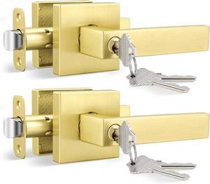 lot 31016 image: Goldenwarm Brushed Gold Door Levers with Lock, 2-Pack Satin Brass