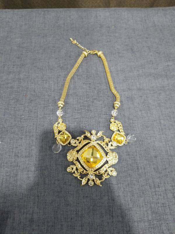 lot 1577 image: Gold-Tone Statement Necklace with Yellow Faceted Pendant and Crystal Beads