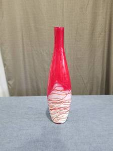 lot 150 image: Red and White Glass Bottle Vase with Linear Design