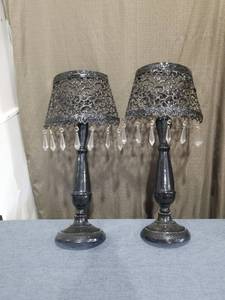 lot 158 image: PAIR OF BLACK METAL LAMPS WITH CANDLE HOLDER HANGING WALL DECOR