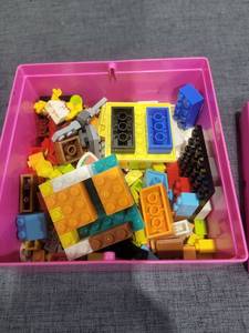 lot 215 image: LEGO 2x2 Brick Storage Box with Assorted Bricks Pink