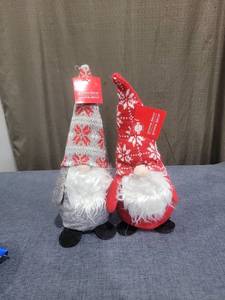 lot 281 image: Gnome Decor Pair Red White Snowflake Pattern Knit Hats