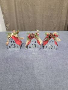 lot 288 image: Set of 3 Gray House Ornaments with Red Ribbon and Greenery Accents