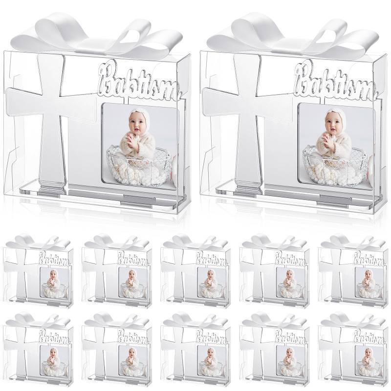 lot 73241 image: 12 Set Baptism Picture Frame Recuerdos De Bautizo Gifts for Girls 3.5 x 5 in Acrylic Baptism Photo Frame Favors Supplies with Gift Box and Satin Ribbon Bow for Baby Shower Religious - Retail $33