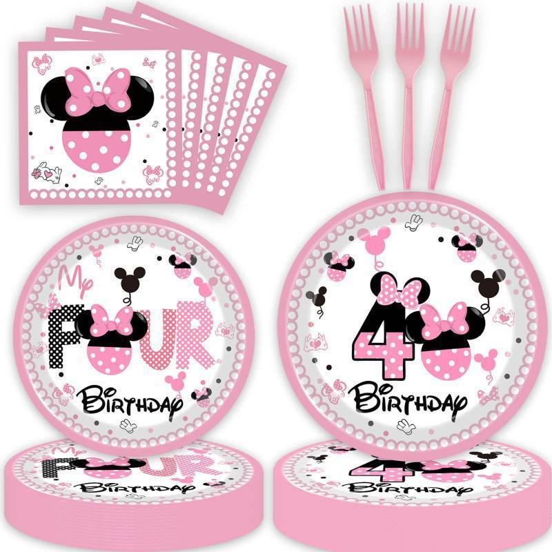 lot 73400 image: Pink 4th Birthday Decorations Girls Four Years Old Disposable Paper Plates Napkins Forks Dinnerware for Girls Fourth Birthday Party Supplies Decorations - Retail $17