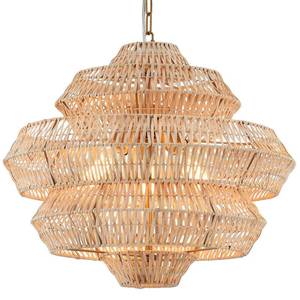 lot 47090 image: ELYCCUPA 22 Hand Woven Rattan Chandelier 5 Round Adjustable Boho Pendant Light Farmhouse Large Brass Pendant Lighting Fixtures for Dining Room Kitchen Island Living Room, UL Listed - Retail $170