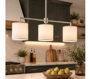 lot 47091 image: 3-Light Dining Room Light Fixture, Brushed Nickel Kitchen Island Lighting with Linen Drum Shade, Modern Linear Chandeliers for Dining Room, Kitchen, Bar - Retail $100